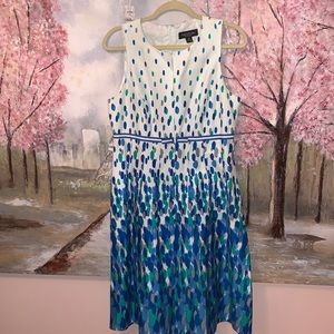 PERCEPTIONS White Blue Polka Dot Bow A-Line Work Office Wedding Cotton Dress 12